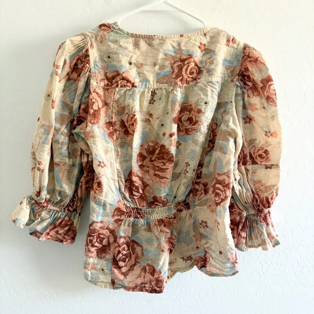 Free People found You Floral Blouse Button Down Peasant Top Ruffle Sleeve Medium